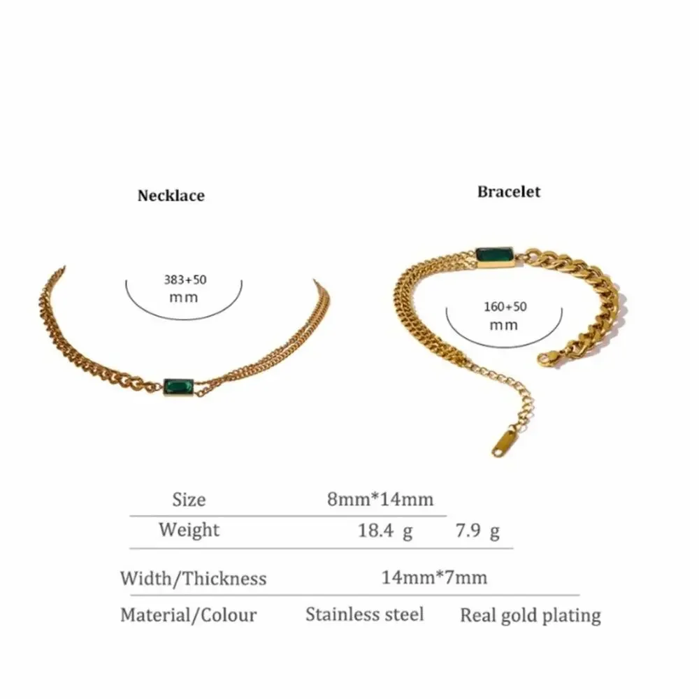 Emerald Green Gold Zircon Matching Chain Link Necklace Bracelet Earrings Set